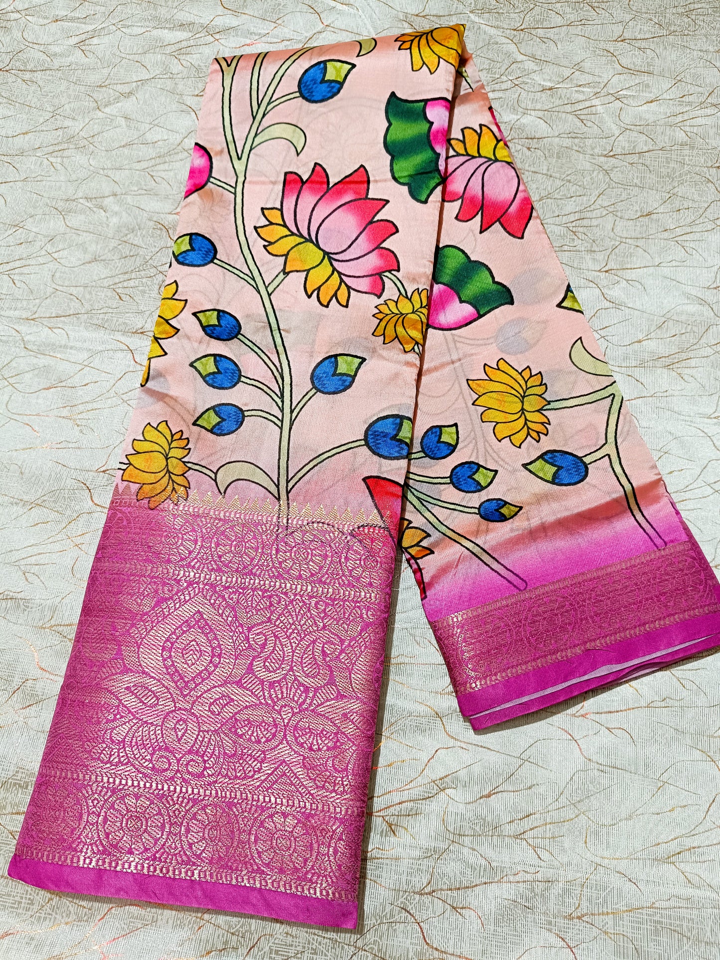 Pink Kalamkari Printed Silk Saree