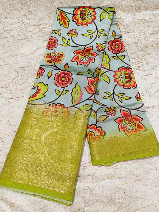 Green Kalamkari Printed Silk Saree