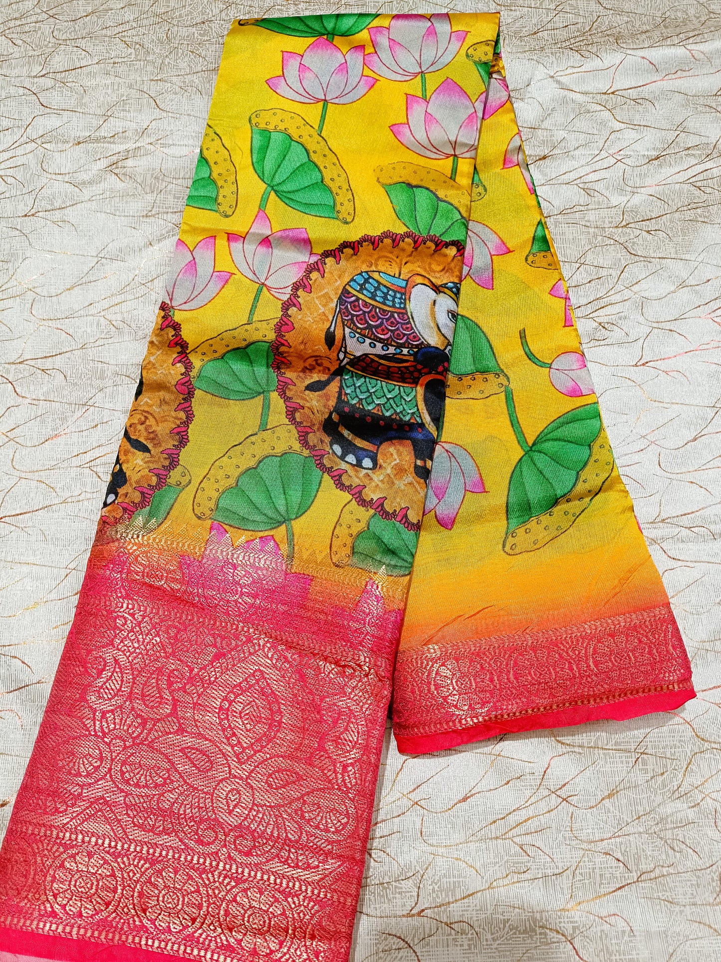 Yellow Kalamkari Printed Silk Saree