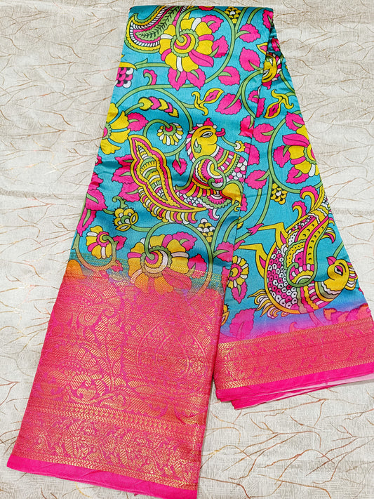 Green Kalamkari Printed Silk Saree