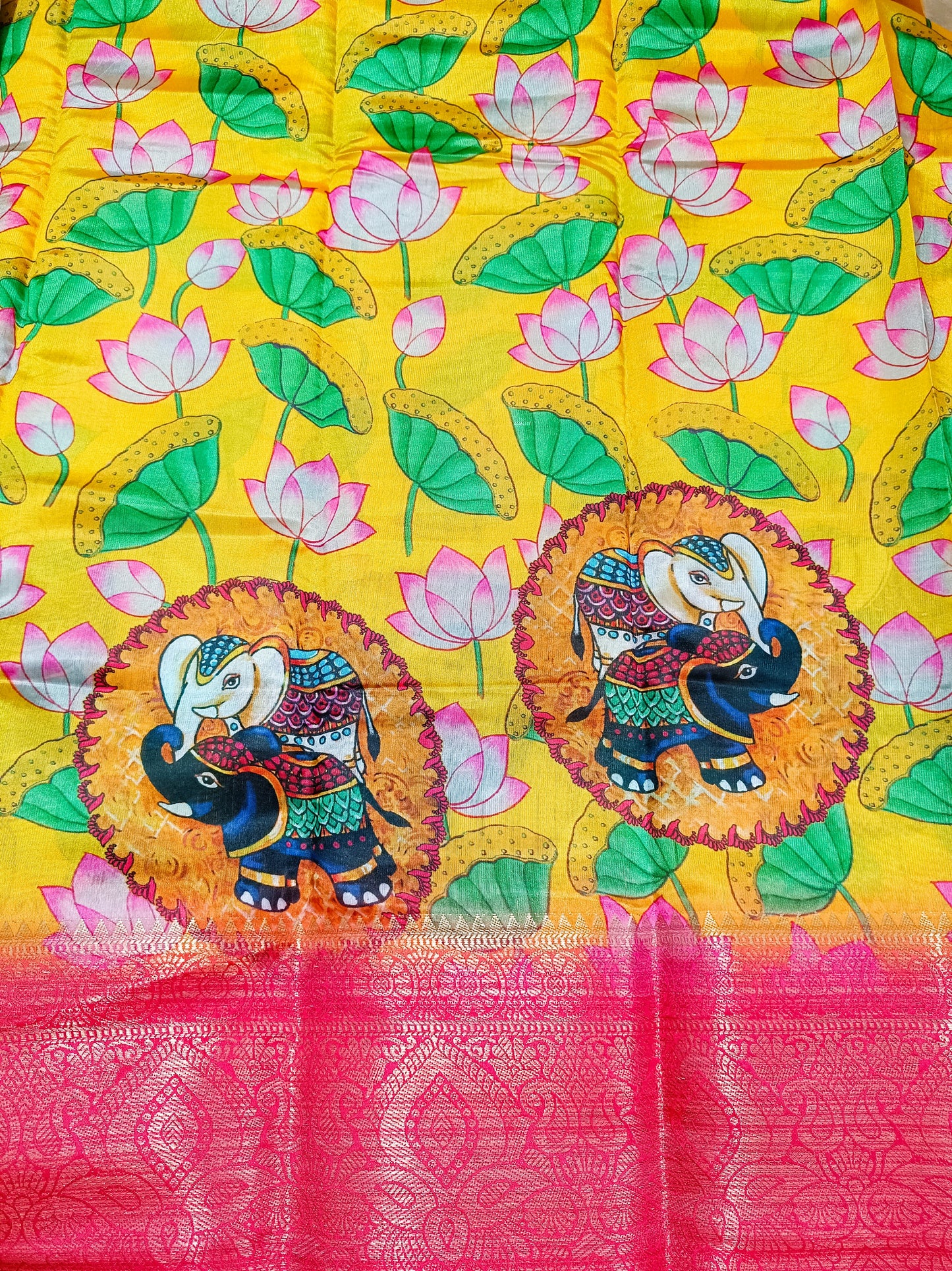 Yellow Kalamkari Printed Silk Saree