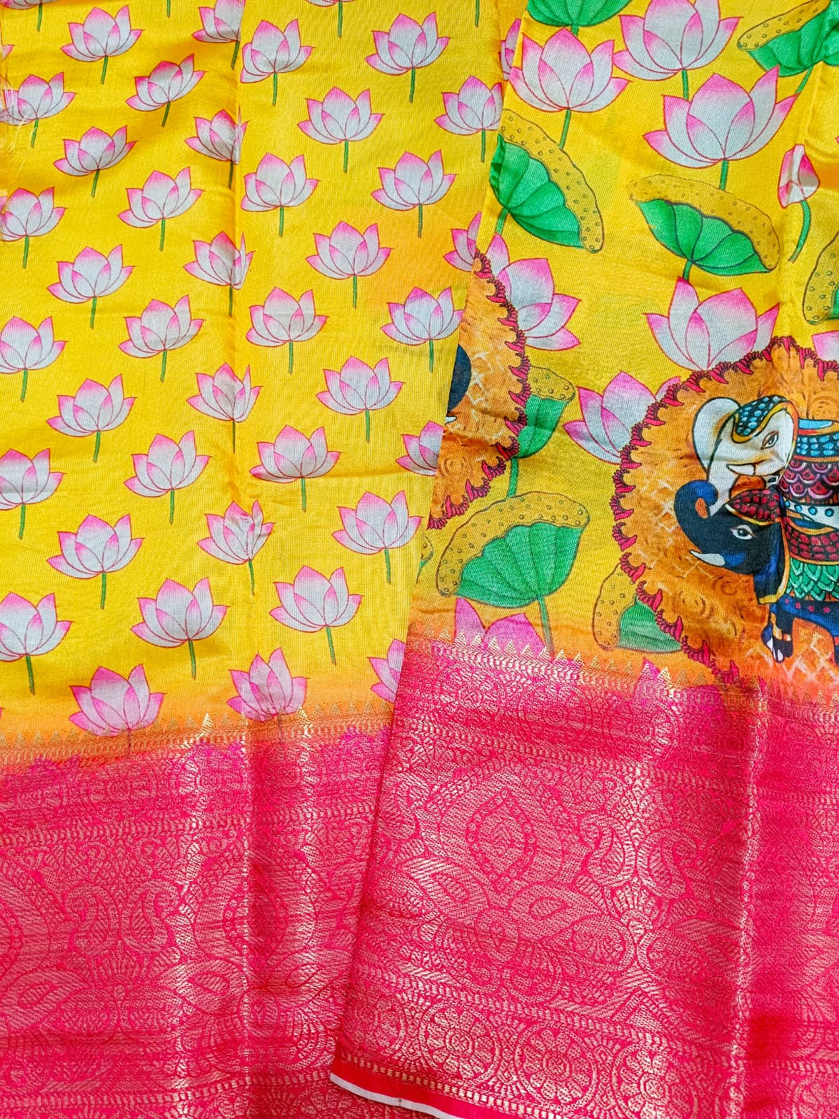 Yellow Kalamkari Printed Silk Saree