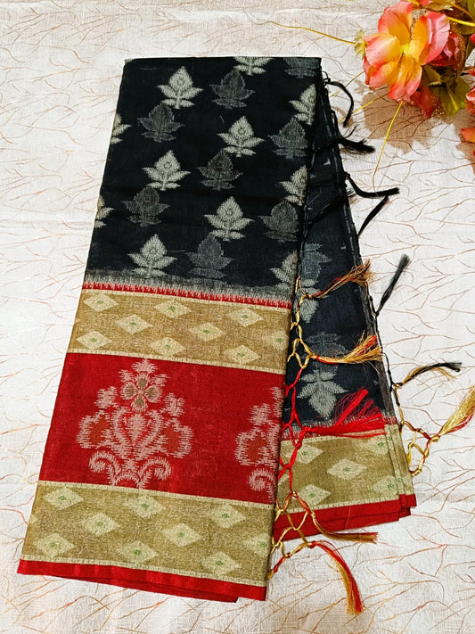 Black Woven Blended Cotton Saree