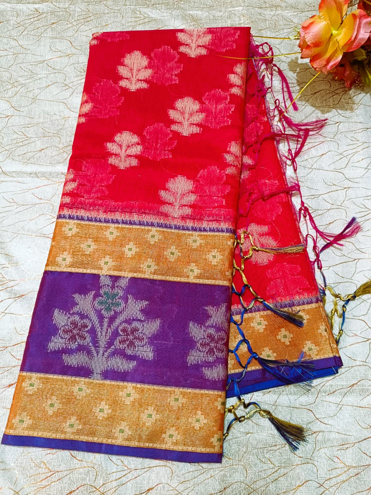 Red Woven Blended Cotton Saree