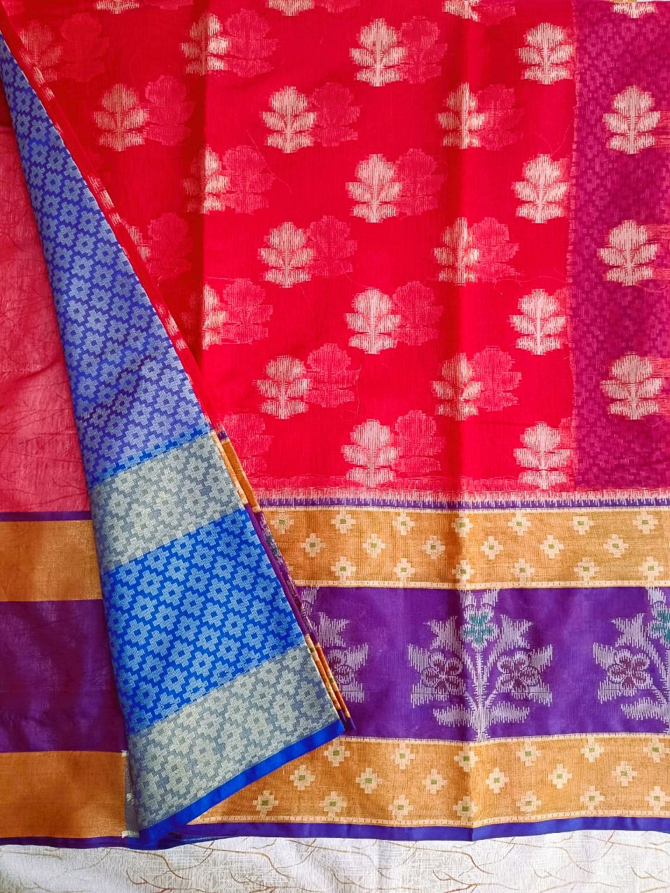 Red Woven Blended Cotton Saree