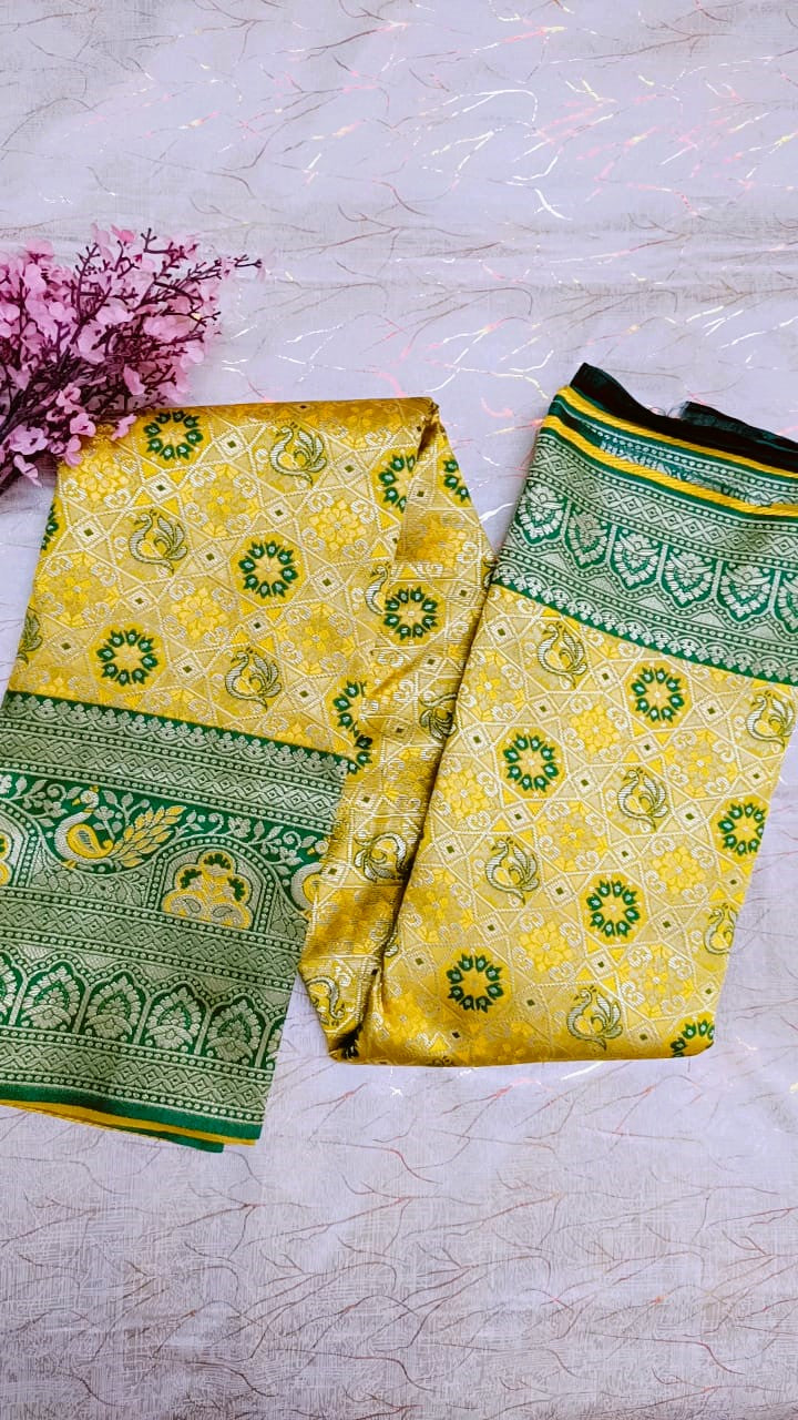 Yellow with Green Banarasi Saree