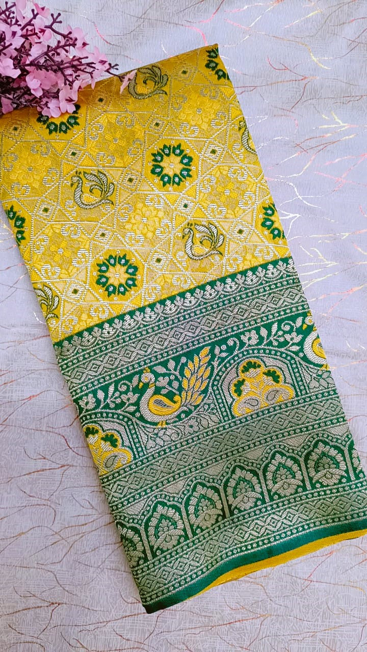 Yellow with Green Banarasi Saree