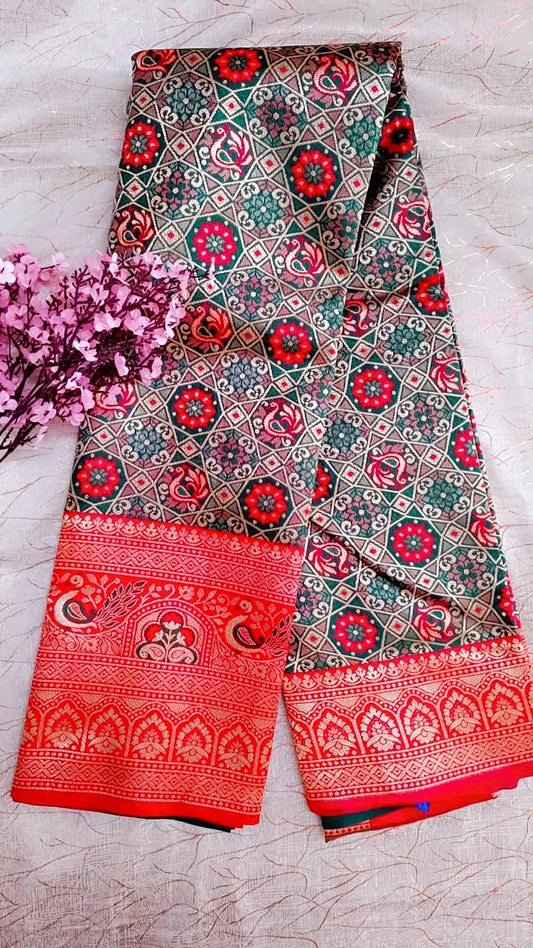 Green with Red Banarasi Saree