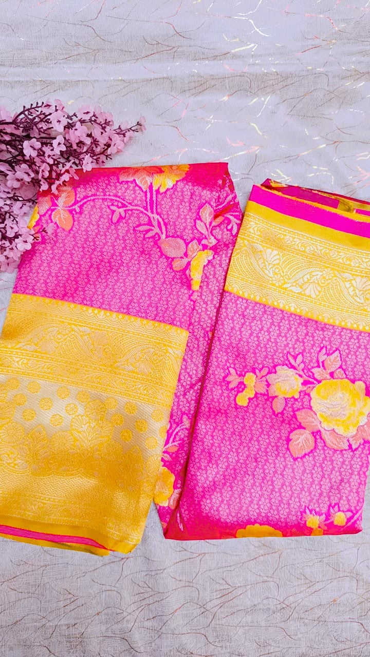 Pink with Yellow Banarasi Saree