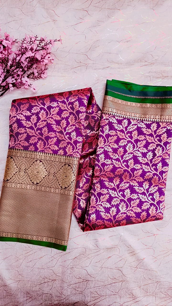 Purple with Green Semi Kanchi Silk Saree