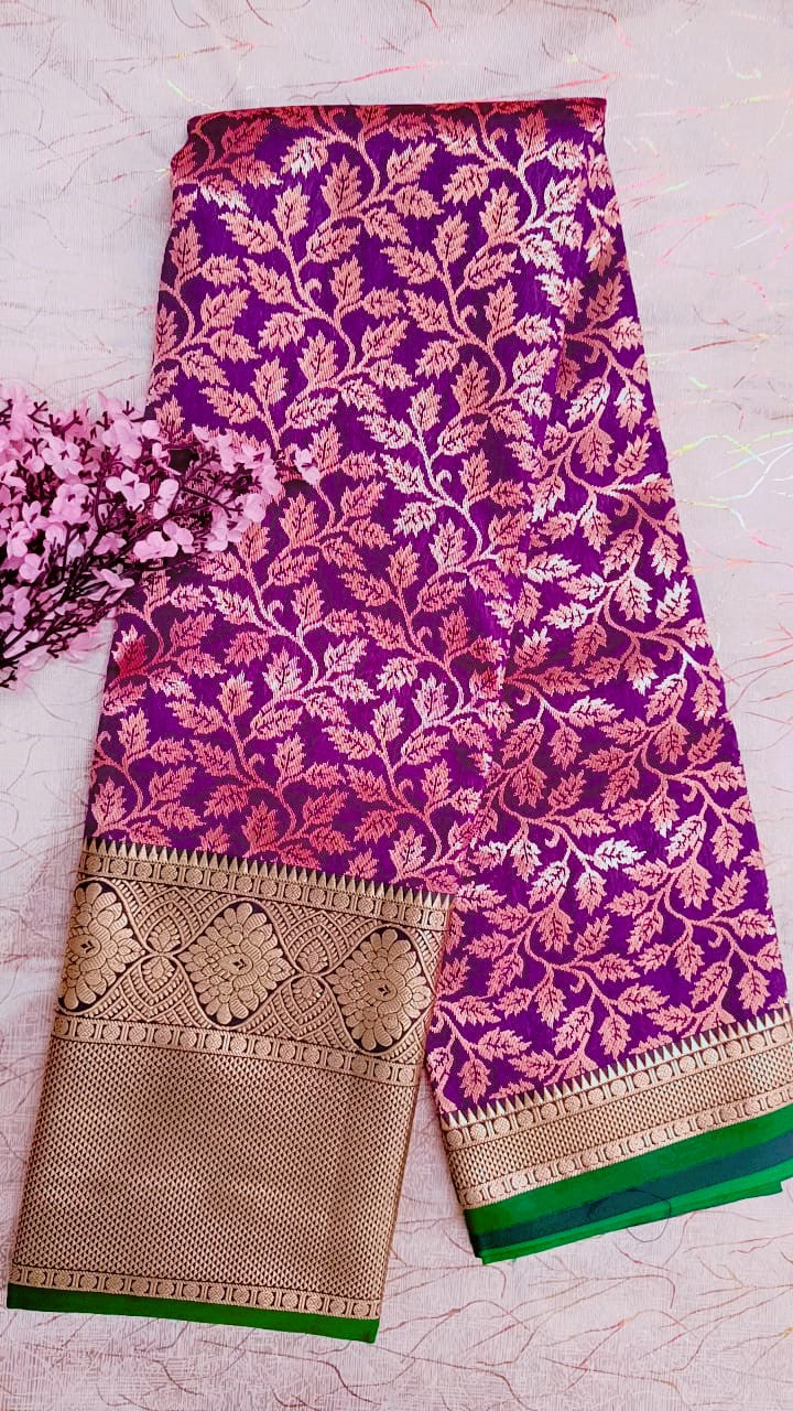 Purple with Green Semi Kanchi Silk Saree