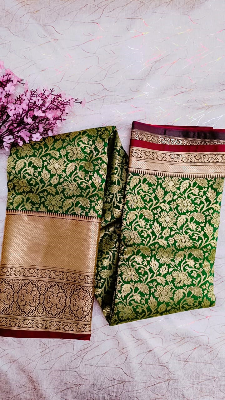 Green with Red  Semi Kanchi Silk Saree