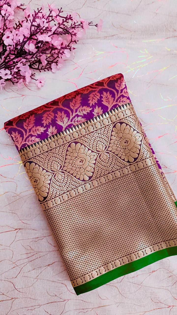 Purple with Green Semi Kanchi Silk Saree