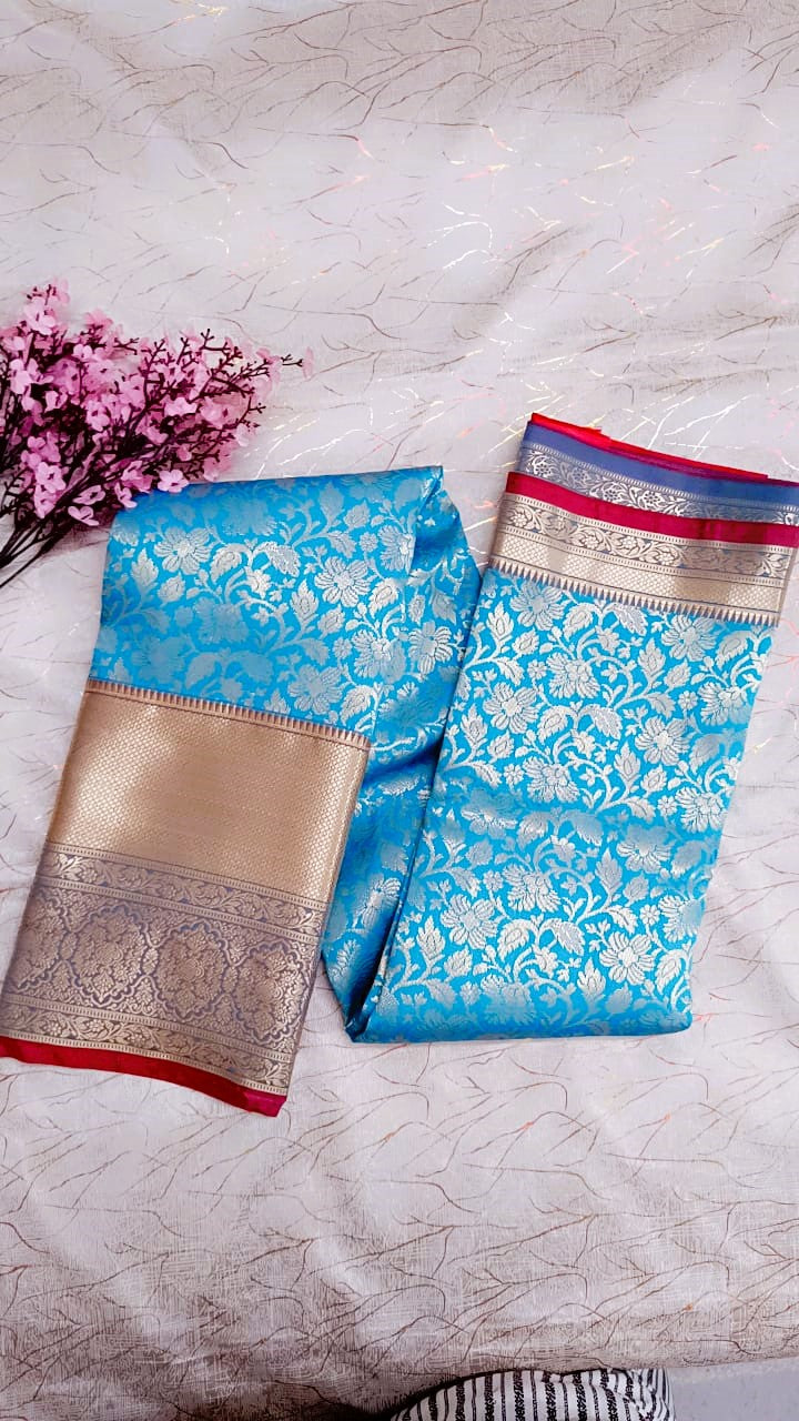 Sky Blue with Red Semi Kanchi Silk Saree