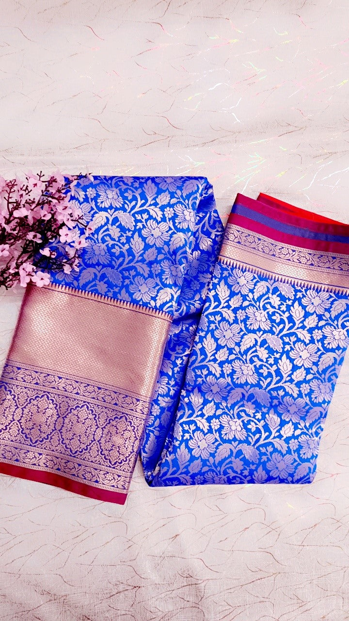 Blue with Red Semi Kanchi Silk Saree