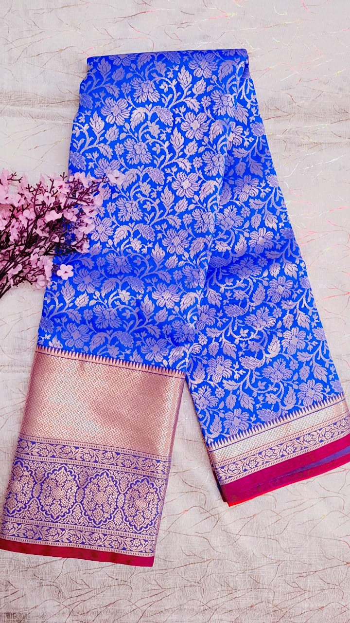 Blue with Red Semi Kanchi Silk Saree