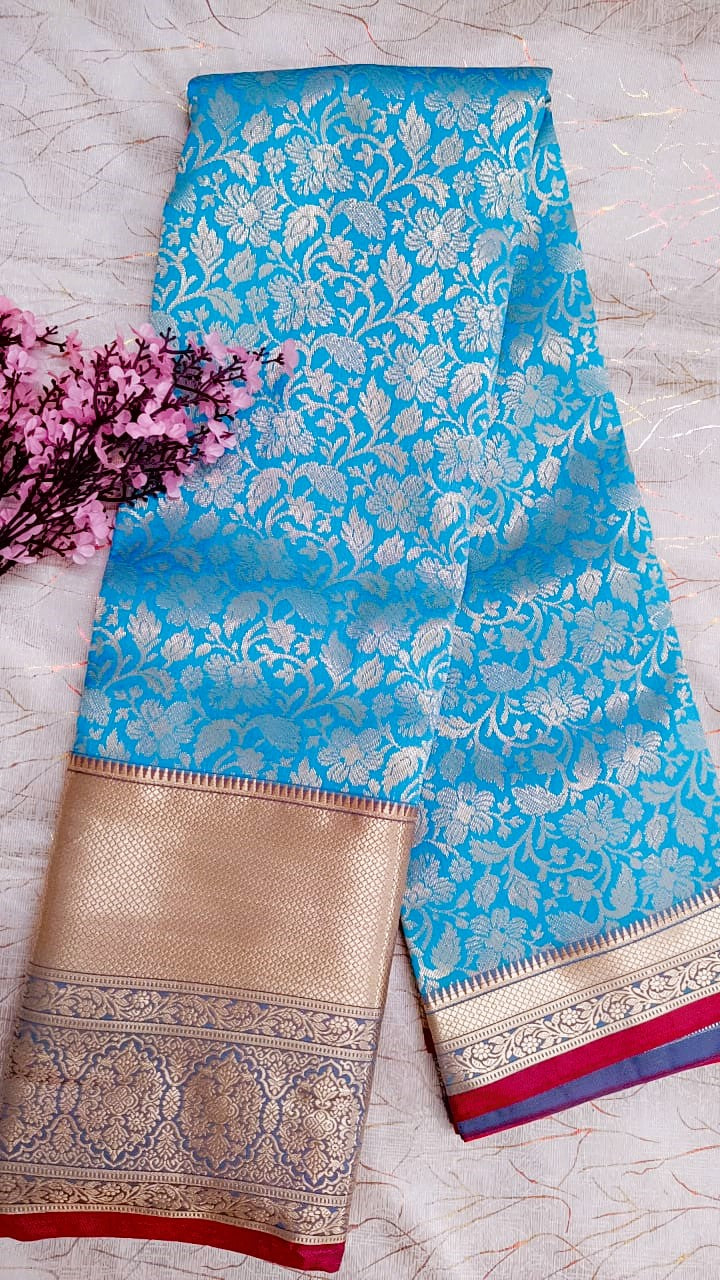 Sky Blue with Red Semi Kanchi Silk Saree