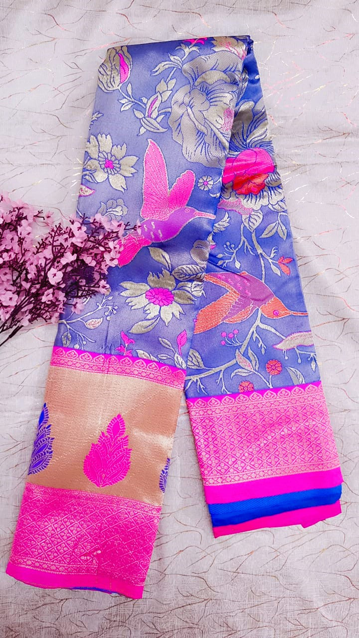 Blue with Pink Banarasi Tissue Silk Saree