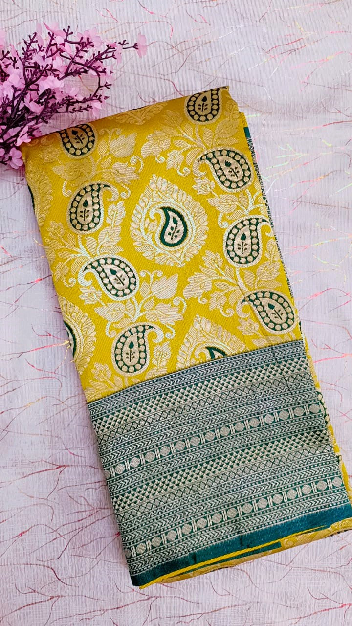 Yellow with Green Banarasi Saree