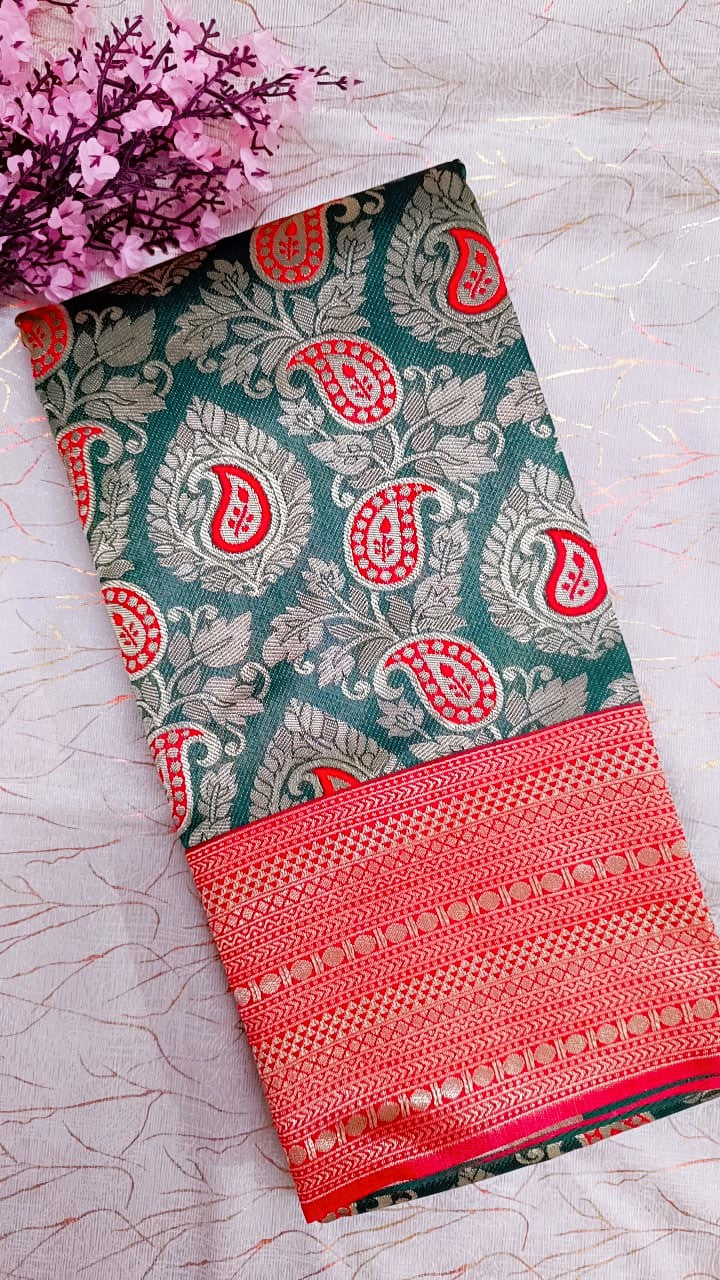 Green with Red Banarasi Saree