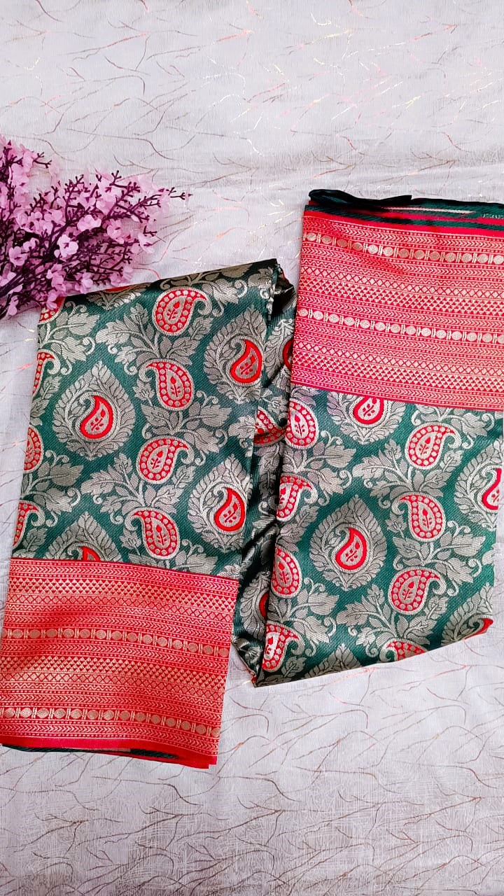 Green with Red Banarasi Saree