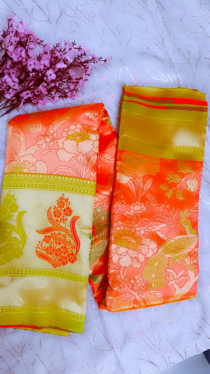 Orange with Green Banarasi Tissue Silk Saree