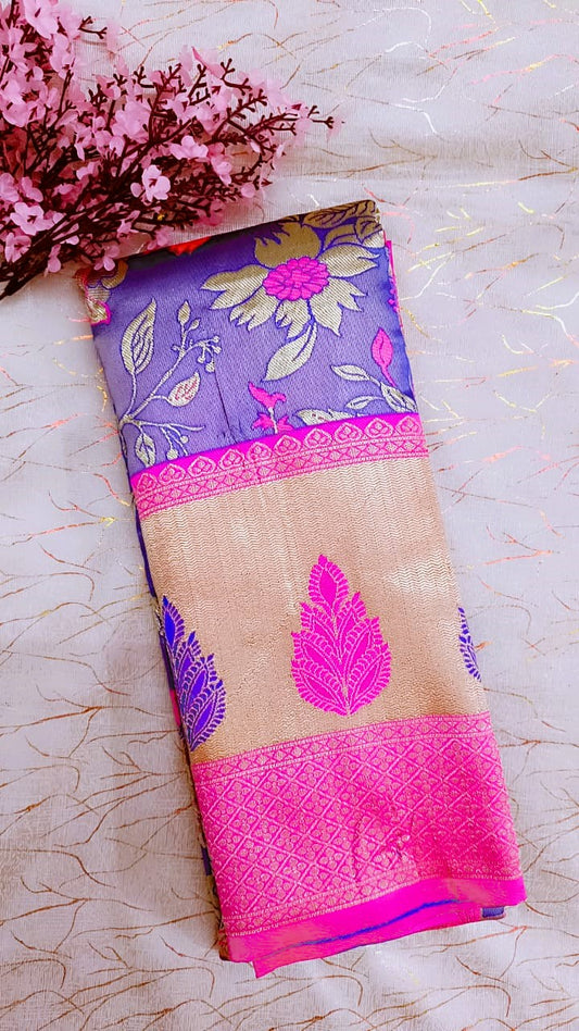 Blue with Pink Banarasi Tissue Silk Saree