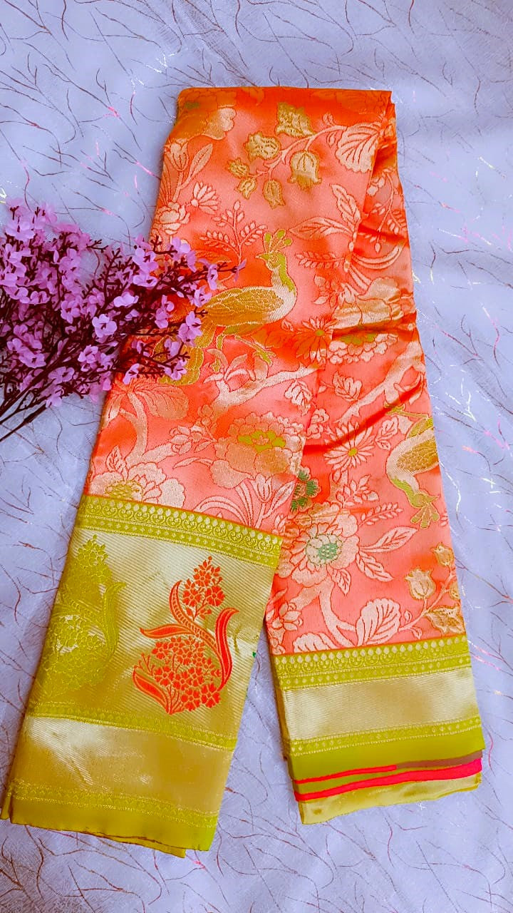 Orange with Green Banarasi Tissue Silk Saree