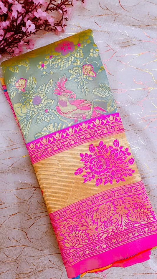 Grey with Pink Banarasi Tissue Silk Saree