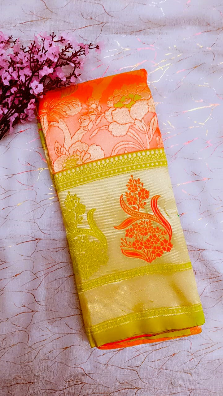 Orange with Green Banarasi Tissue Silk Saree