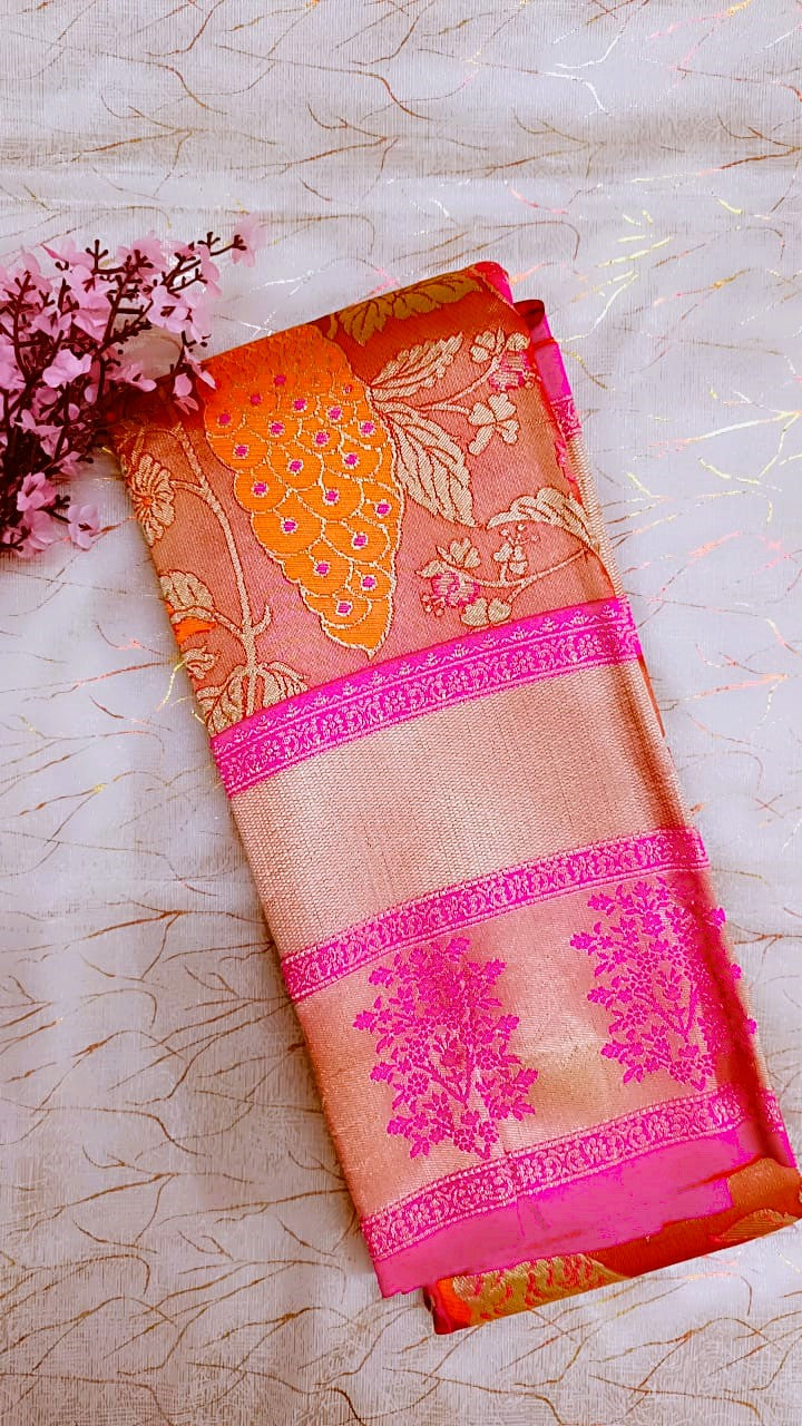 Maroon with Pink  Banarasi Tissue Silk Saree