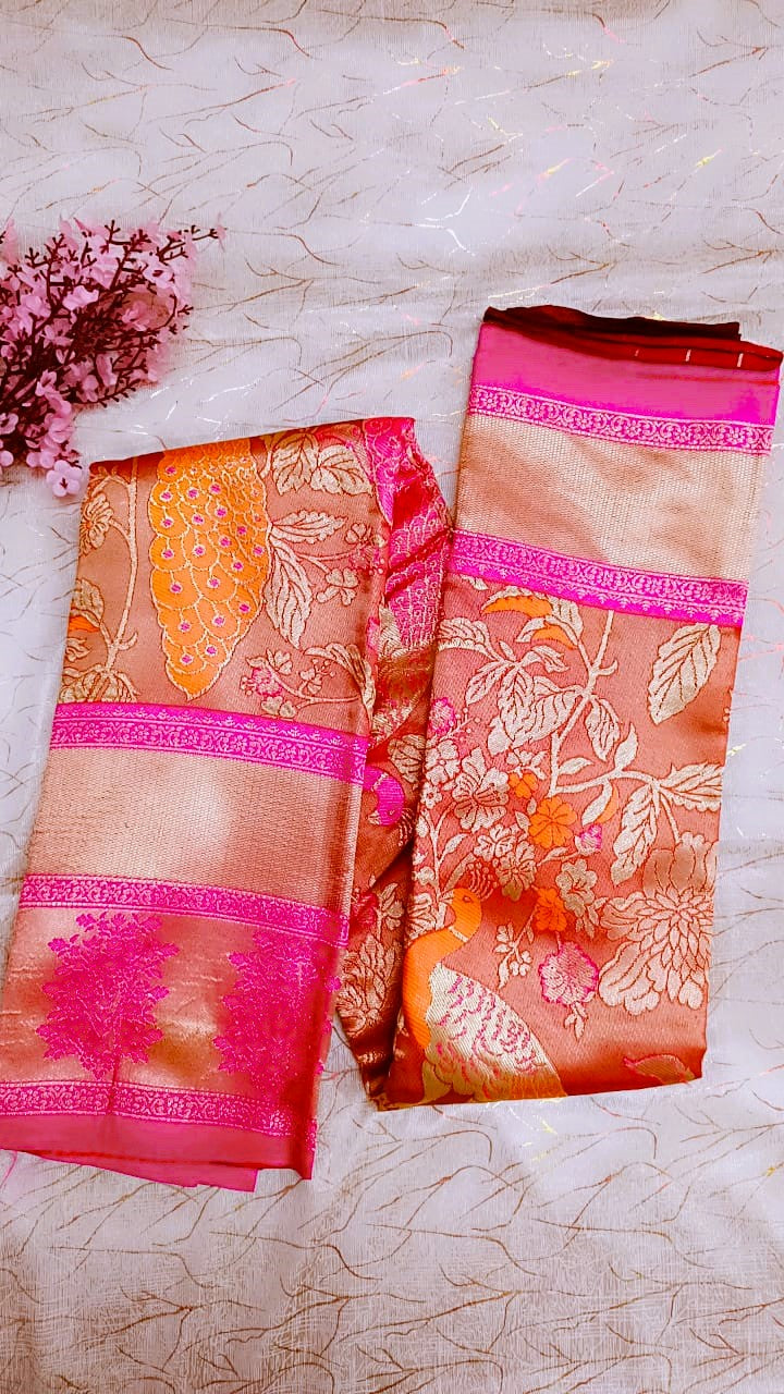 Maroon with Pink  Banarasi Tissue Silk Saree