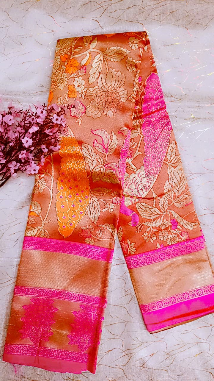 Maroon with Pink  Banarasi Tissue Silk Saree