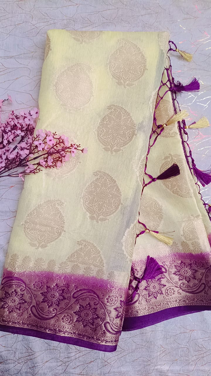 Cream with Purple Georgette Saree