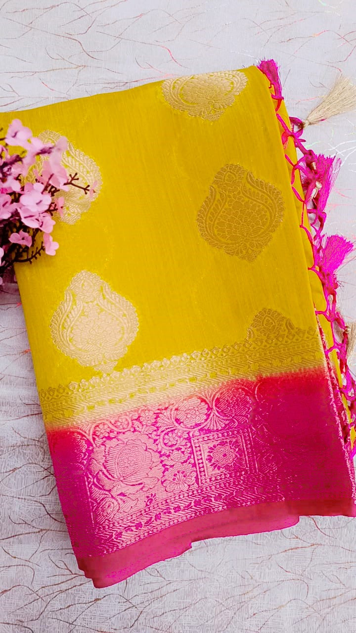 Yellow with Pink Georgette Saree