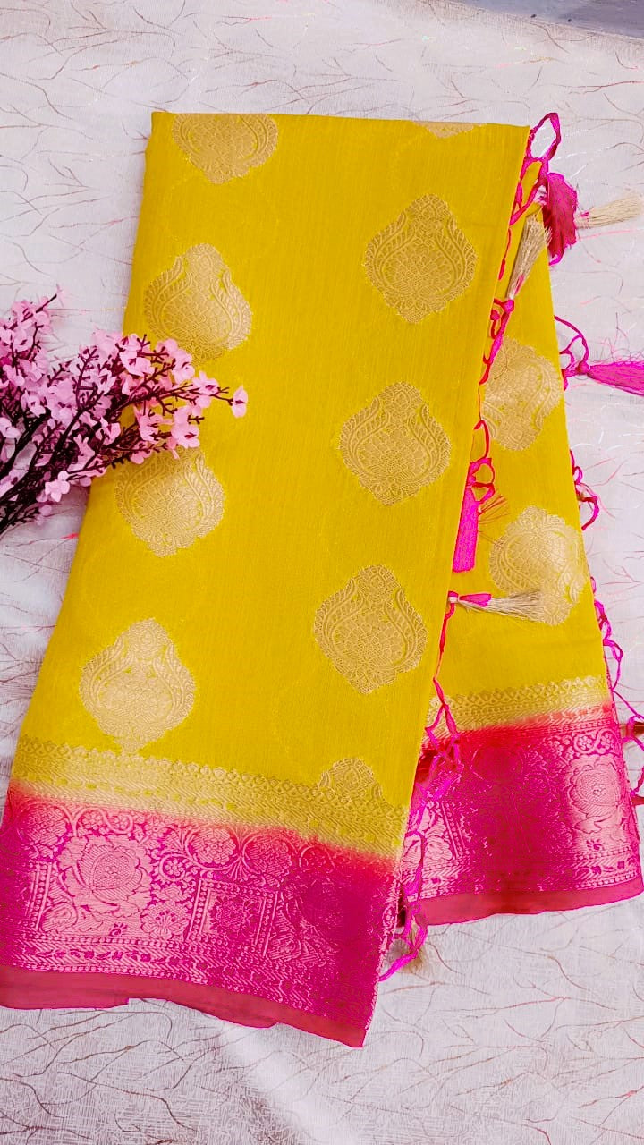 Yellow with Pink Georgette Saree