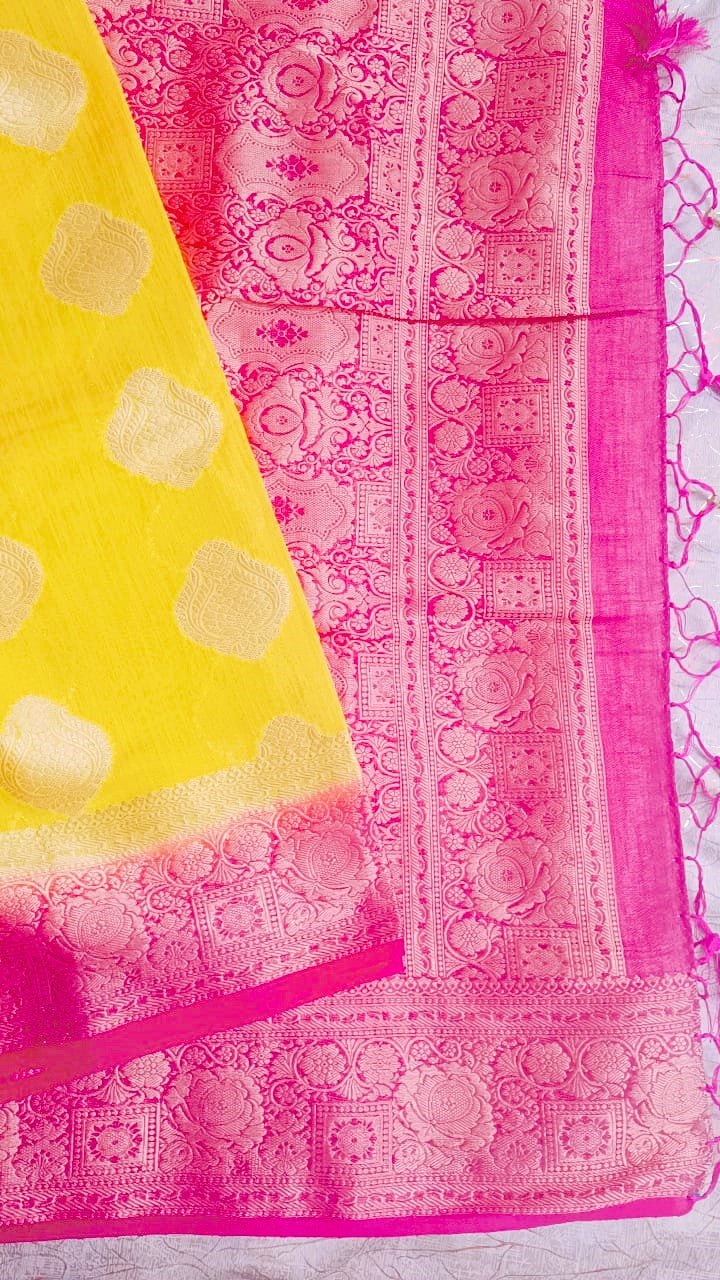 Yellow with Pink Georgette Saree