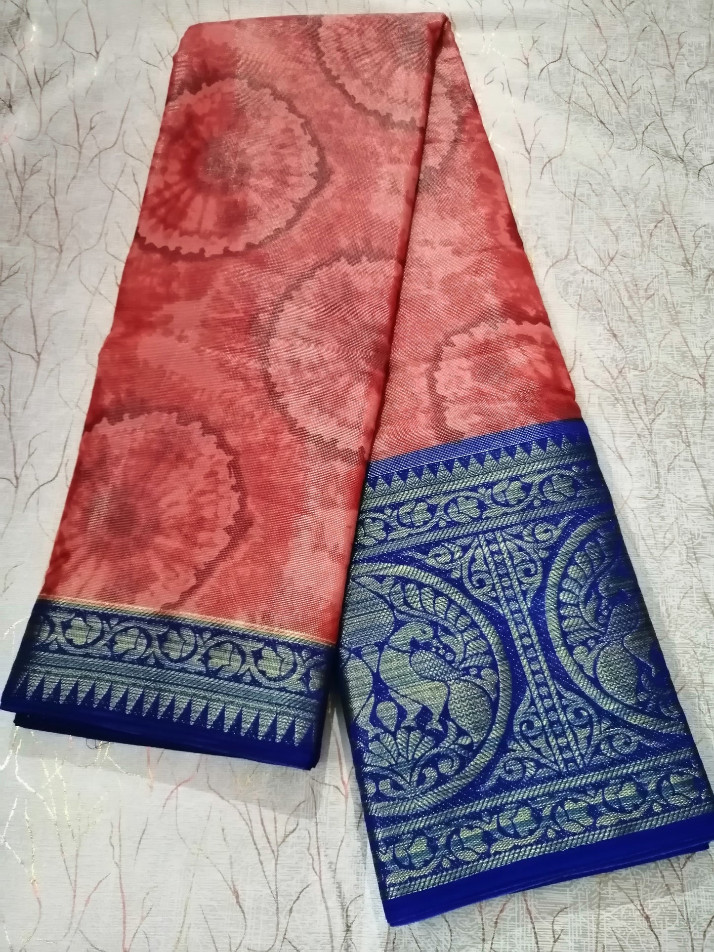 Red Blue Jacquard Brasso Saree