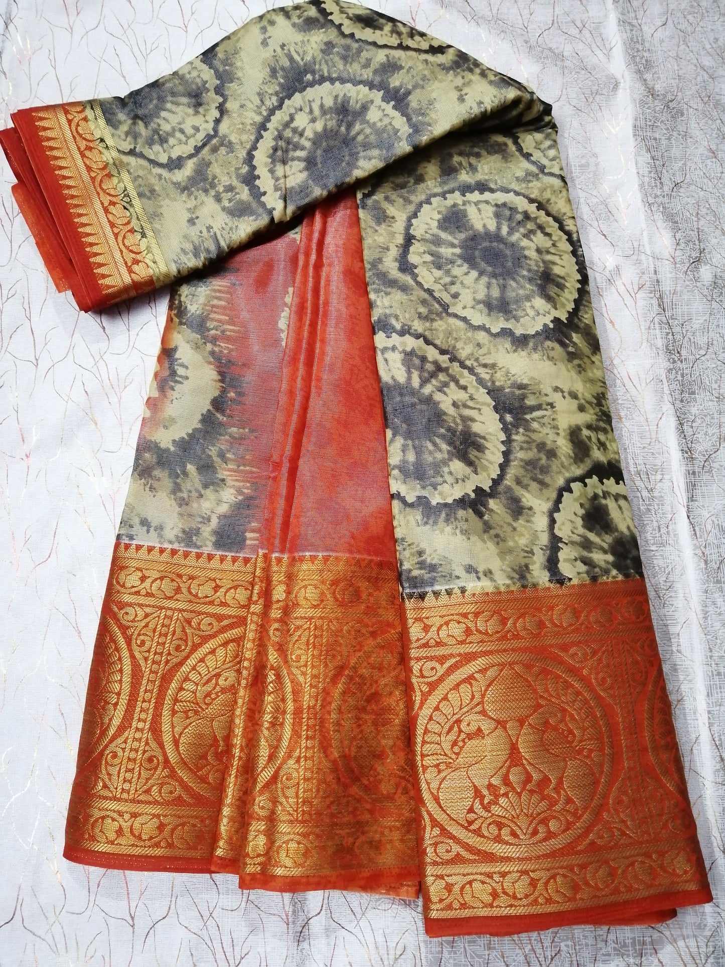 Cream Orange Jacquard Brasso Saree