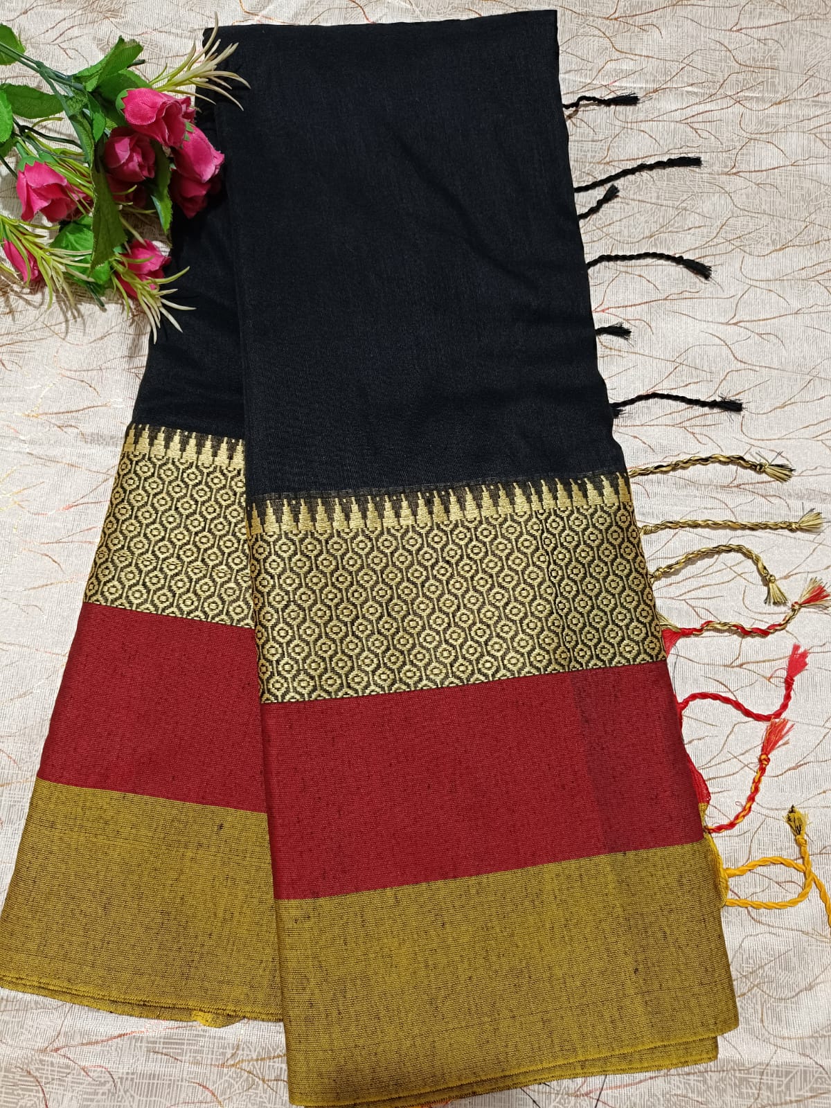 Black Khadi Cotton Handloom Saree