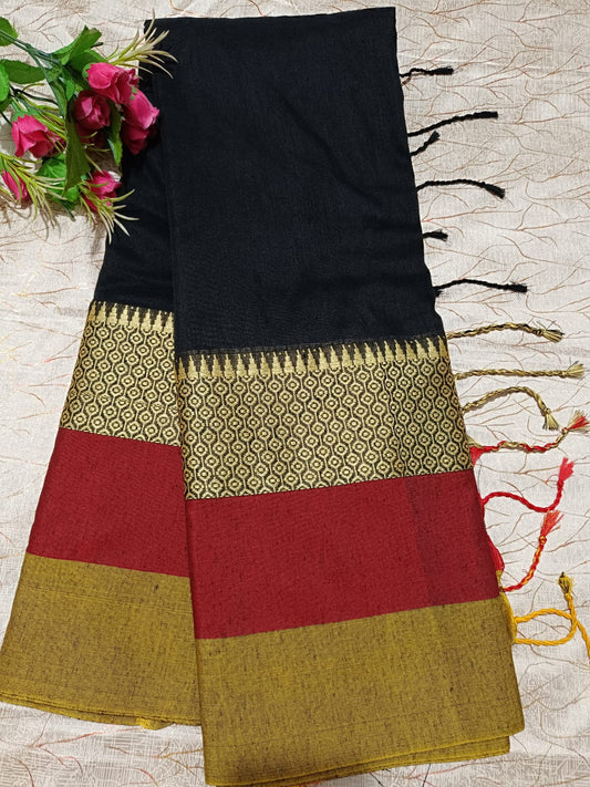 Black Khadi Cotton Handloom Saree